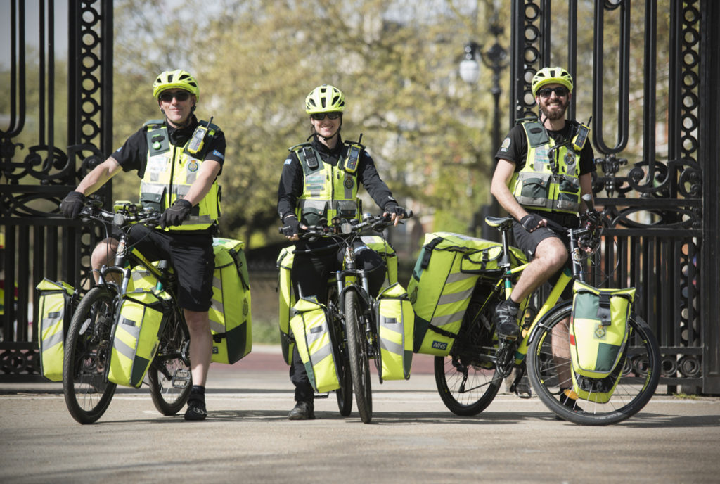 three cycle paramedics with their bicycles