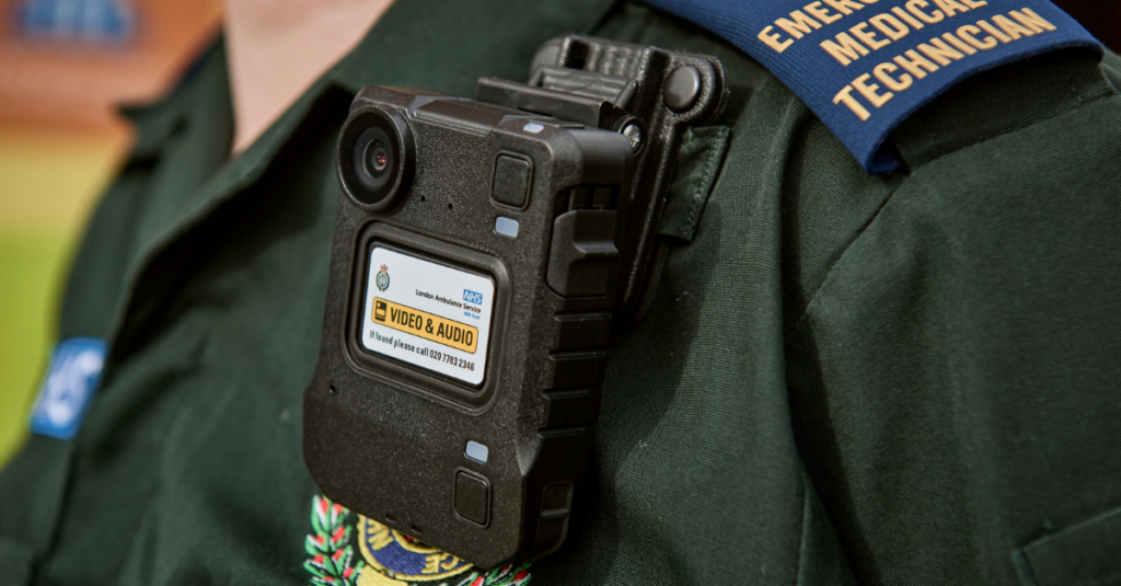 A close up showing Gary's body worn camera attached to his uniform