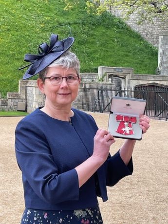 Dr Fenella Wrigley, Chief Medical Officer at London Ambulance Service with her MBE at Windsor Castle