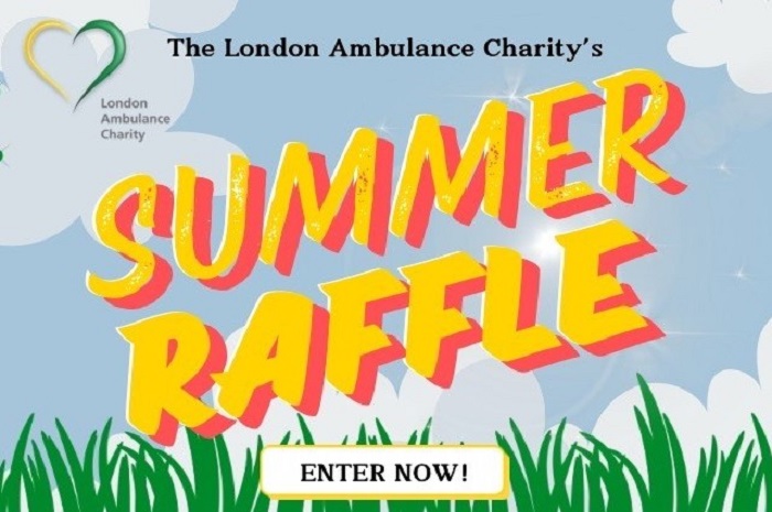 Graphic shows a summer sky with grass in the background. Text reads 'The London Ambulance Charity's Summer Raffle - Enter Now!'