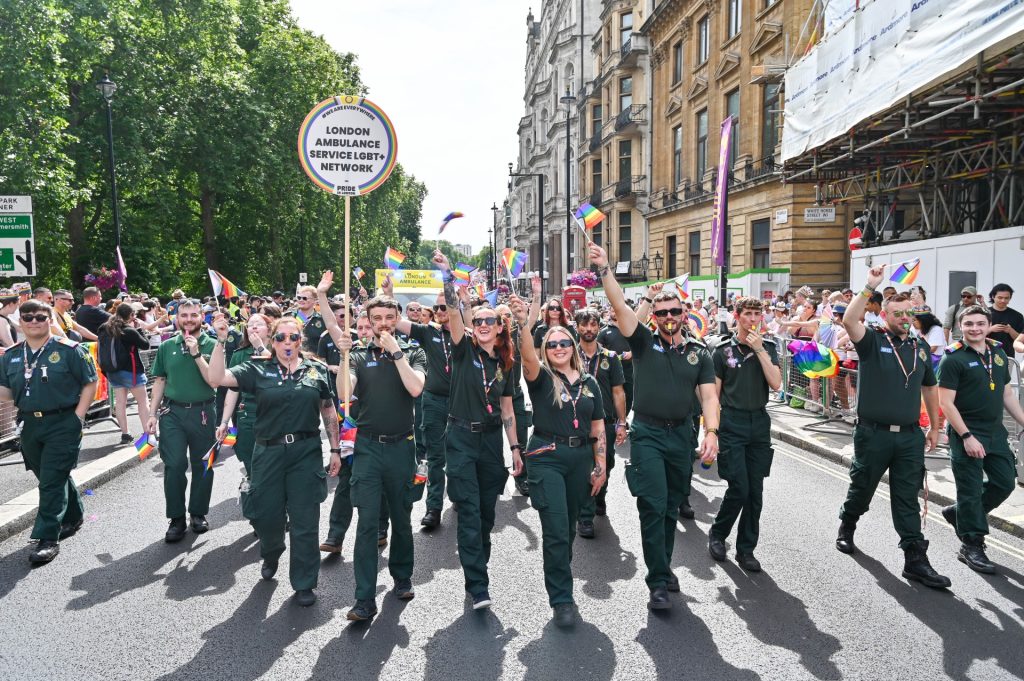 London Ambulance Service paramedics taking part in the Pride march in London on 29 June