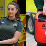 A London Paramedic holding up a public-access defibrillator.