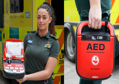 Paramedic Sydney holds up a public-access defibrillator.