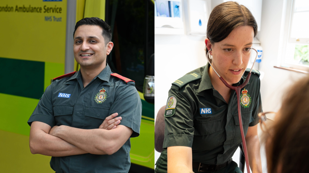 A split photo of an Advanced Paramedic (Critical Care) and a Advanced Paramedic (Urgent Care) treating a patient. 