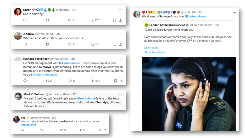 Some screenshots of posts on X from the public praising Sumaiya's appearance in Episode 2 of BBC Ambulance. 