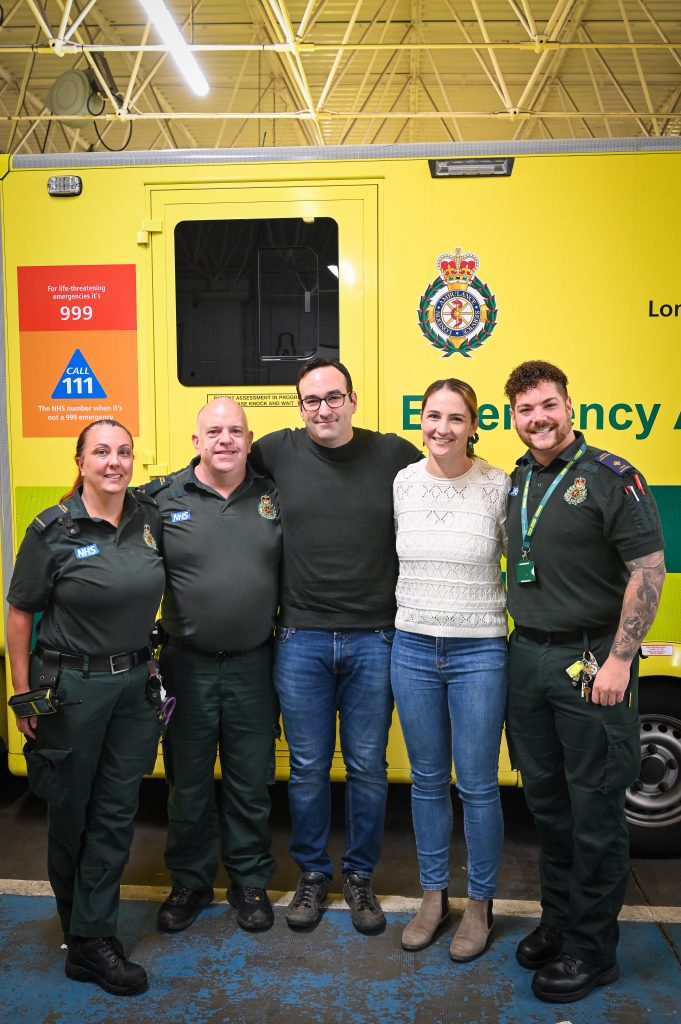 (Left to right) Liz Keegan, Jason Anderson, Patrick Mann, Tash Mann and Matt Morgan at Wimbledon Ambulance Station 