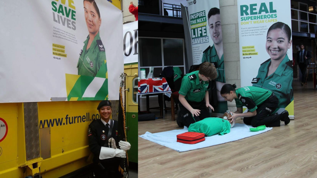 A split photo with Shyr-Nai standing next to St John Ambulance large promotional posters that she was featured in. 