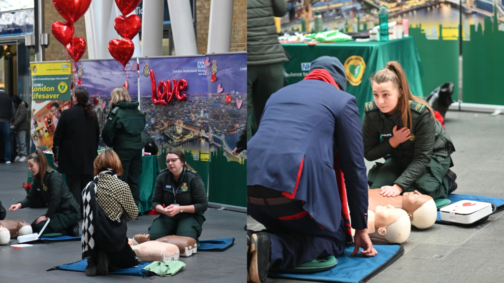 A collage of photos from a CPR training event at Kings Cross on Valentines Day. 