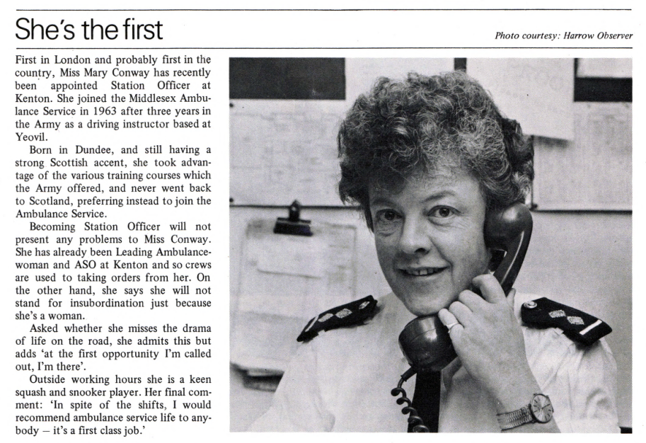 An article from December 1976 confirming Mary Conway as the first female Station Officer in London. 