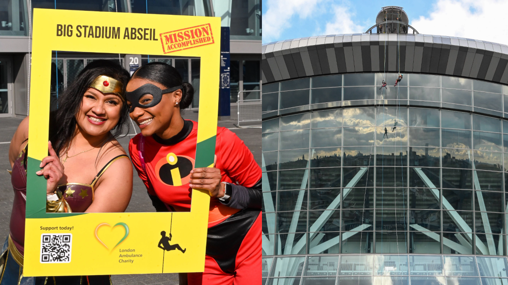 Shonagh and Jordan complete the abseil in Wonder Woman and Incredibles costumes